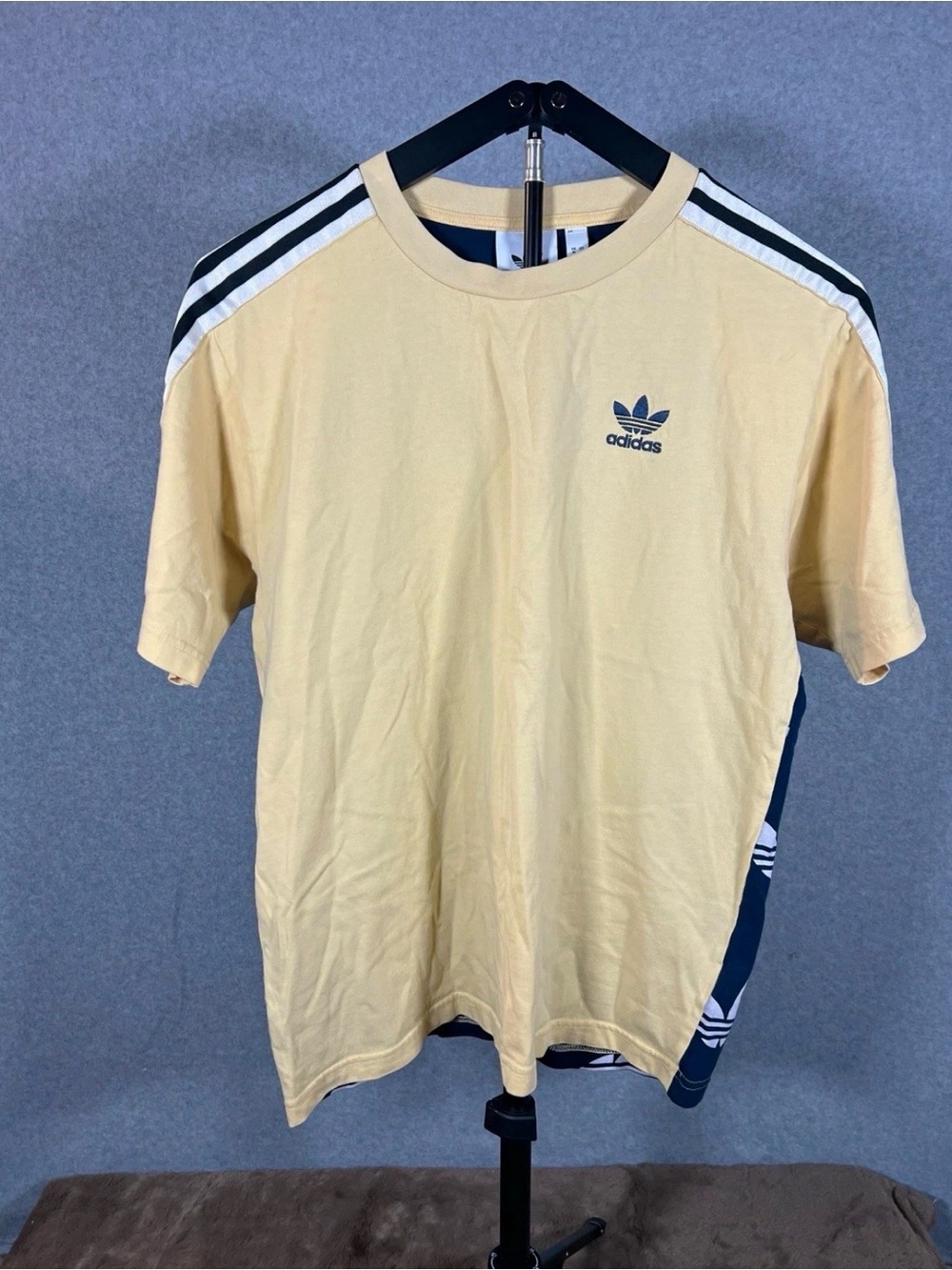 adidas Pale Yellow Short Sleeve Trefoil Tee with Black Stripes #M045